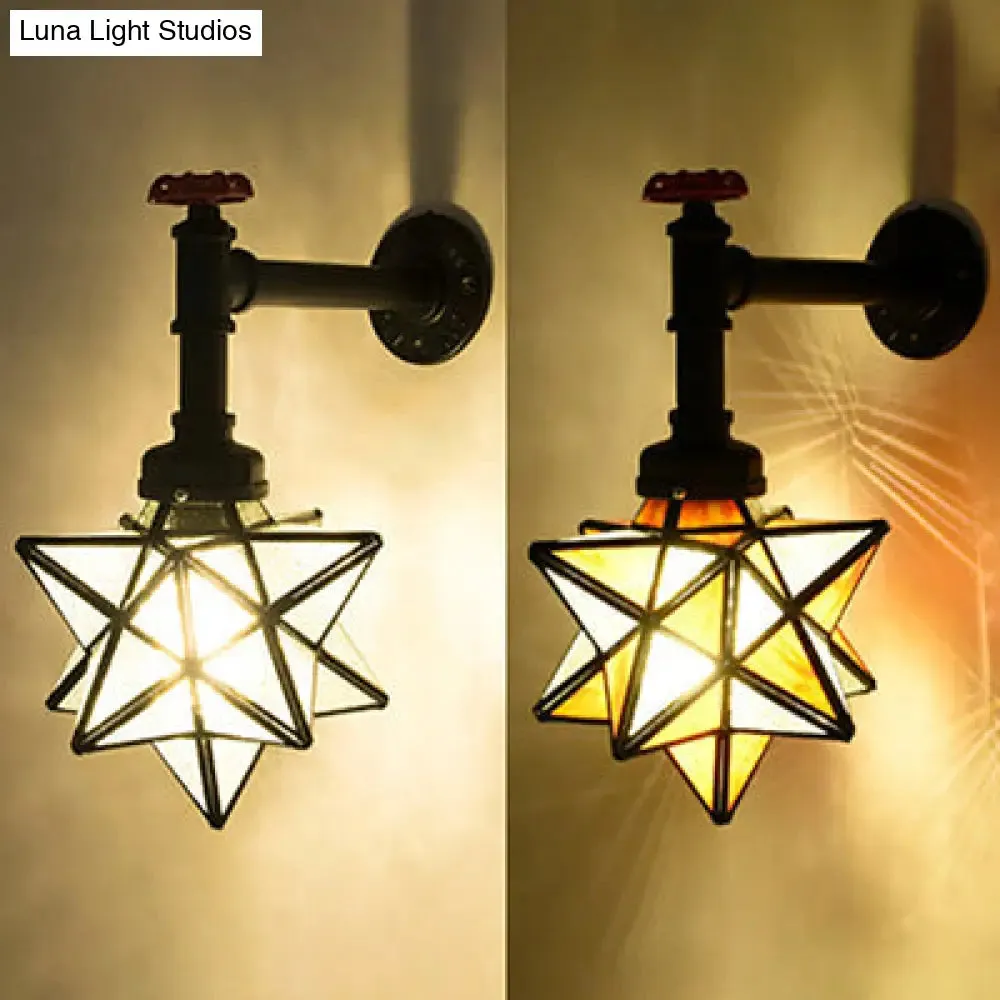 1-Head Stained Glass Tiffany Wall Mount Light in Brown/Clear - Rustic Star Wall Lighting for Restaurants