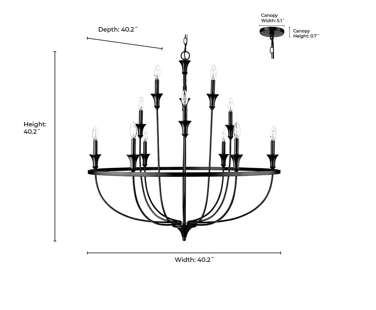 12 Lamps Emery Chandelier - Matte Black - 40.2in Diameter - E12 Candelabra Base
