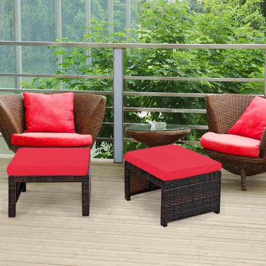 2 Pieces Cushioned Patio Rattan Ottoman Foot Rest-Red