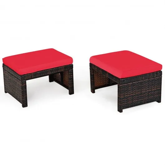2 Pieces Cushioned Patio Rattan Ottoman Foot Rest-Red