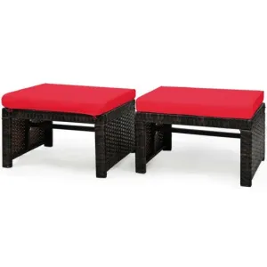 2 Pieces Cushioned Patio Rattan Ottoman Foot Rest-Red