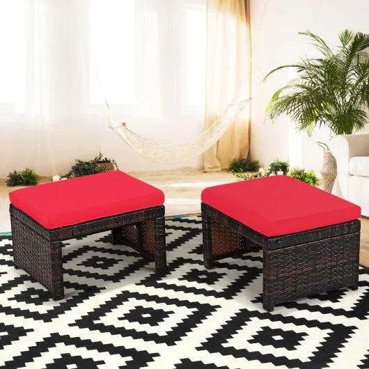 2 Pieces Cushioned Patio Rattan Ottoman Foot Rest-Red