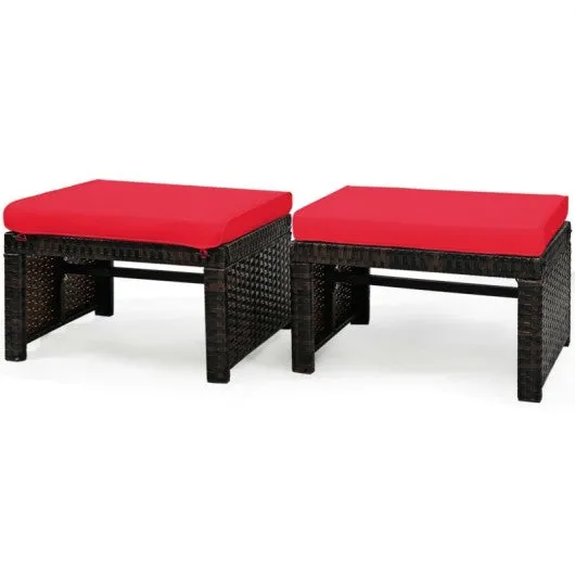 2 Pieces Cushioned Patio Rattan Ottoman Foot Rest-Red