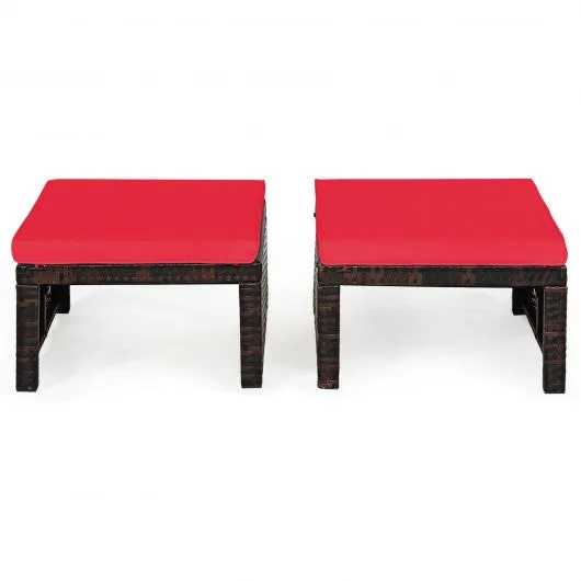 2 Pieces Cushioned Patio Rattan Ottoman Foot Rest-Red