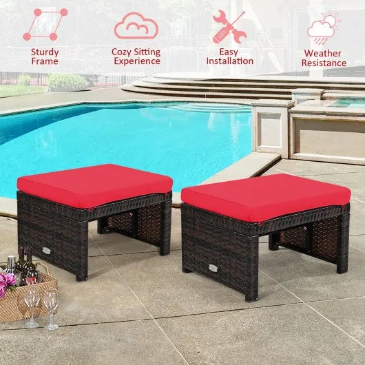2 Pieces Cushioned Patio Rattan Ottoman Foot Rest-Red
