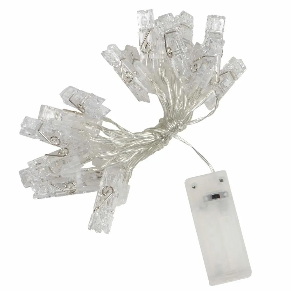 20 Warm White LED Peg Line Xmas Card Holders String Lights