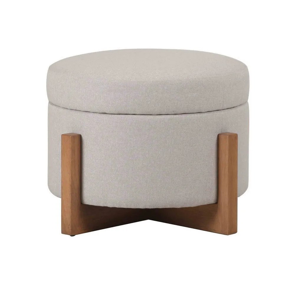 24 Inch Ottoman, Round Cushioned Storage Seat, Gray Polyester, Brown Wood By Casagear Home