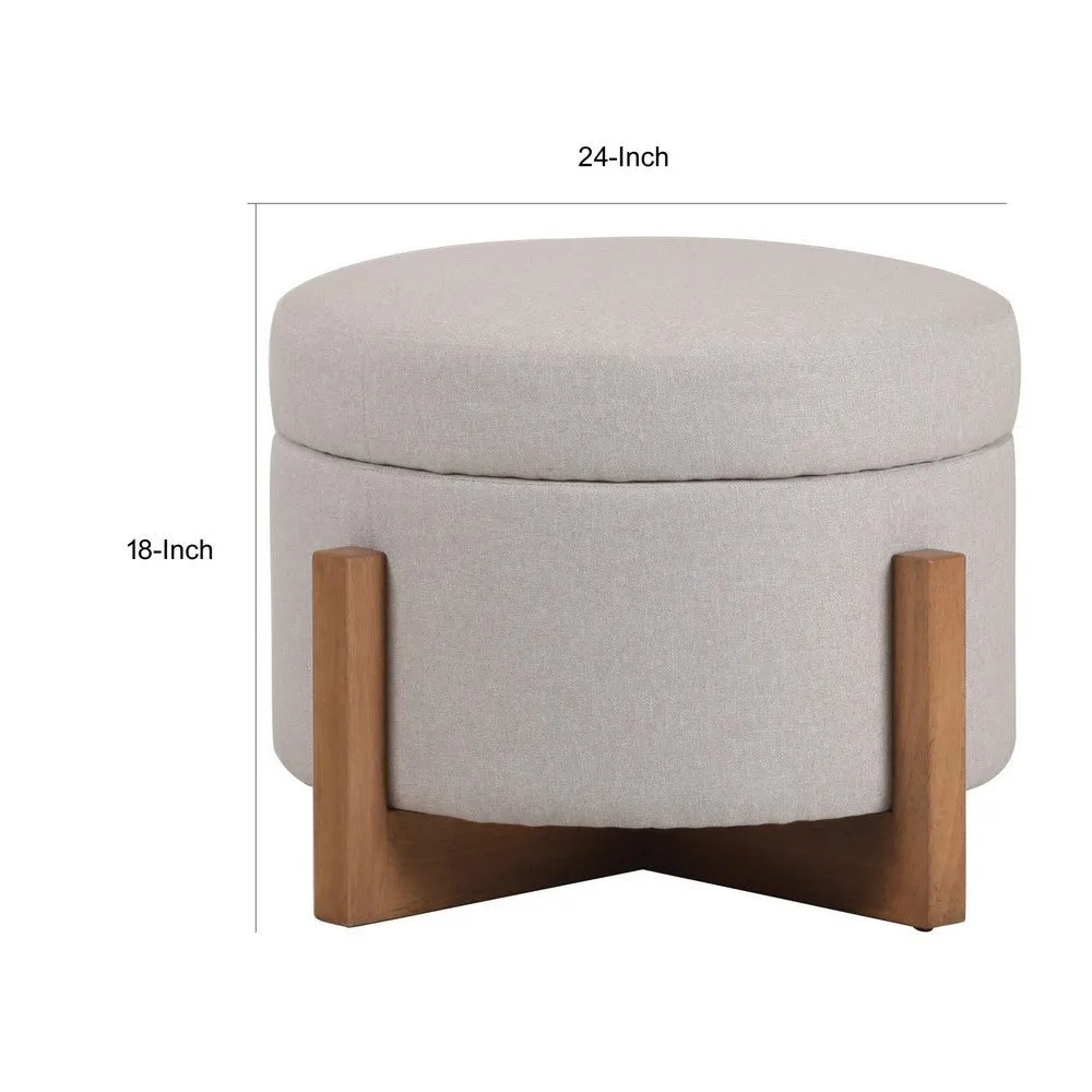 24 Inch Ottoman, Round Cushioned Storage Seat, Gray Polyester, Brown Wood By Casagear Home