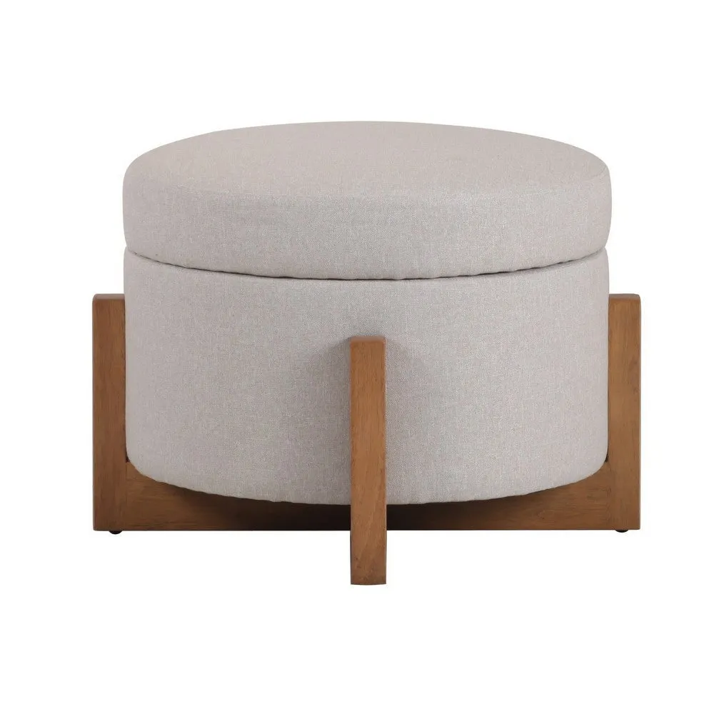 24 Inch Ottoman, Round Cushioned Storage Seat, Gray Polyester, Brown Wood By Casagear Home