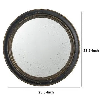24 Inch Round Wall Mount Mirror, Molded Trim Wood Frame, Distressed Brown By Casagear Home