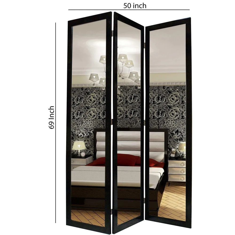 3 Panel Wooden Foldable Mirror Encasing Room Divider, Black and Silver By Casagear Home