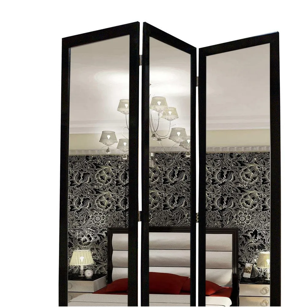 3 Panel Wooden Foldable Mirror Encasing Room Divider, Black and Silver By Casagear Home