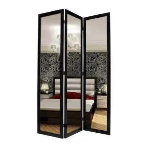 3 Panel Wooden Foldable Mirror Encasing Room Divider, Black and Silver By Casagear Home
