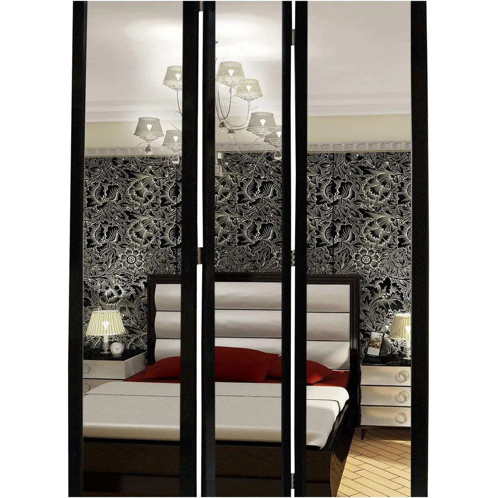 3 Panel Wooden Foldable Mirror Encasing Room Divider, Black and Silver By Casagear Home