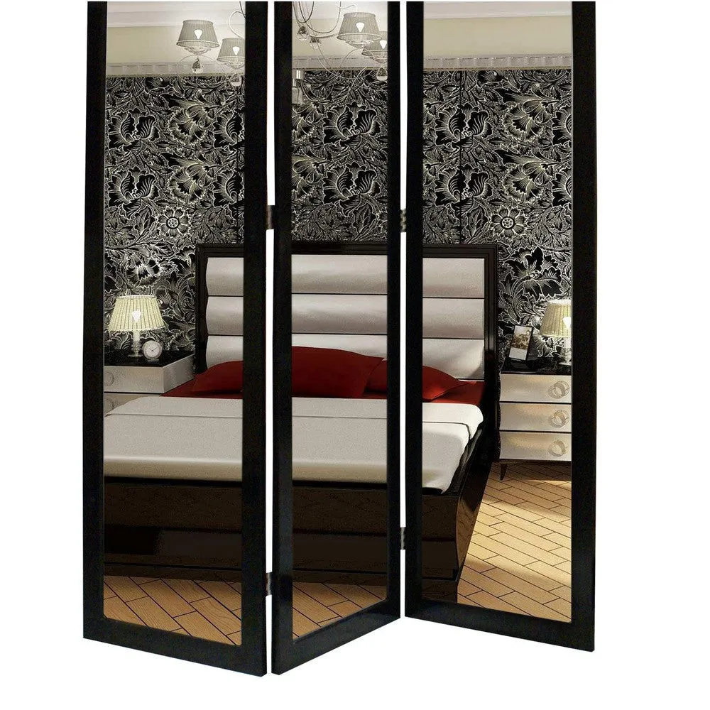 3 Panel Wooden Foldable Mirror Encasing Room Divider, Black and Silver By Casagear Home