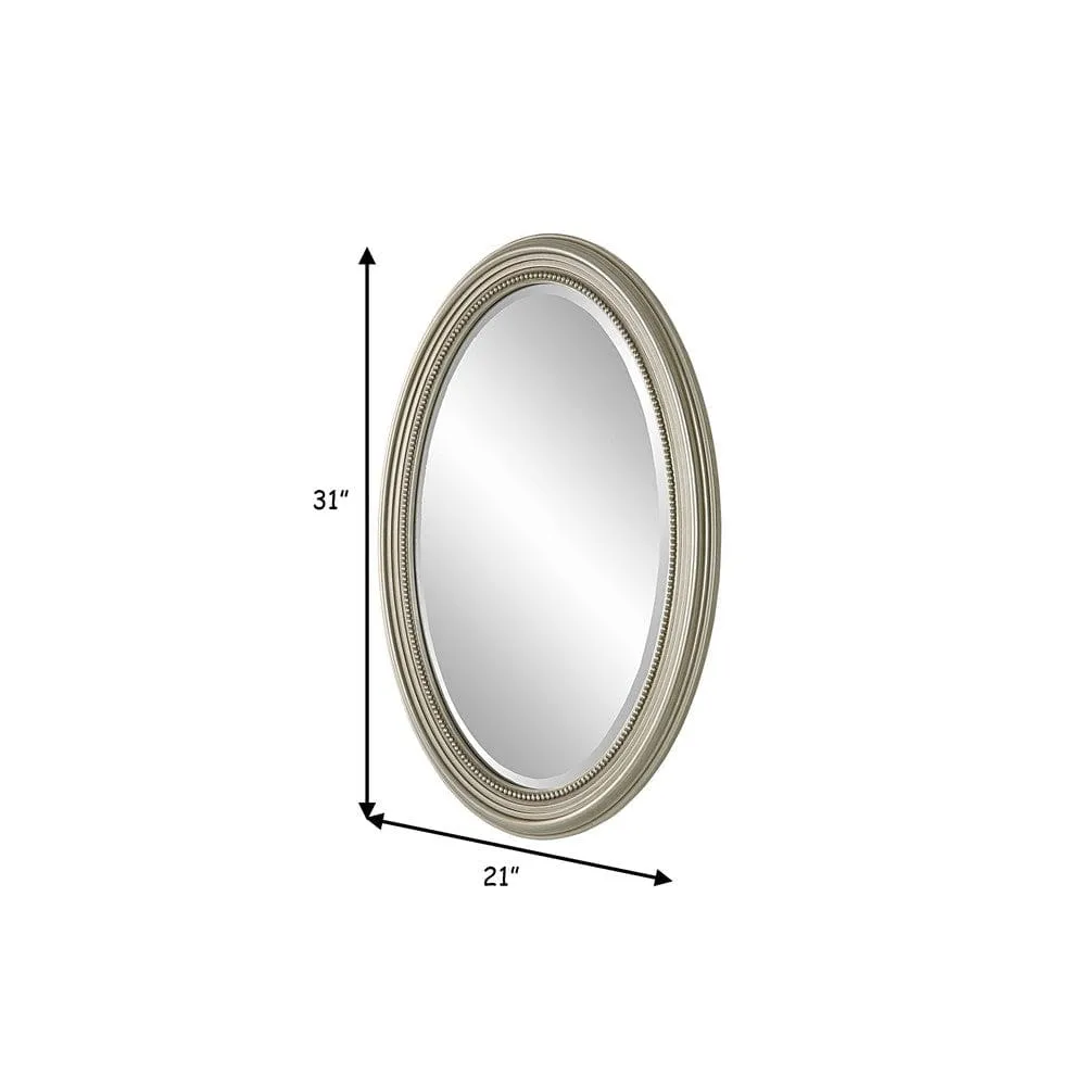 31 Inch Wall Mirror, Beaded Oval Shape, Metallic Silver By Casagear Home