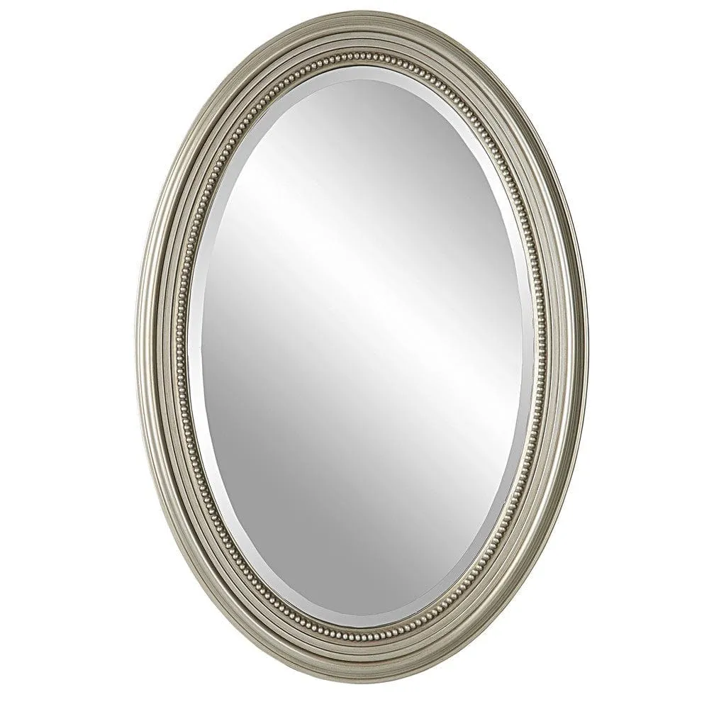 31 Inch Wall Mirror, Beaded Oval Shape, Metallic Silver By Casagear Home