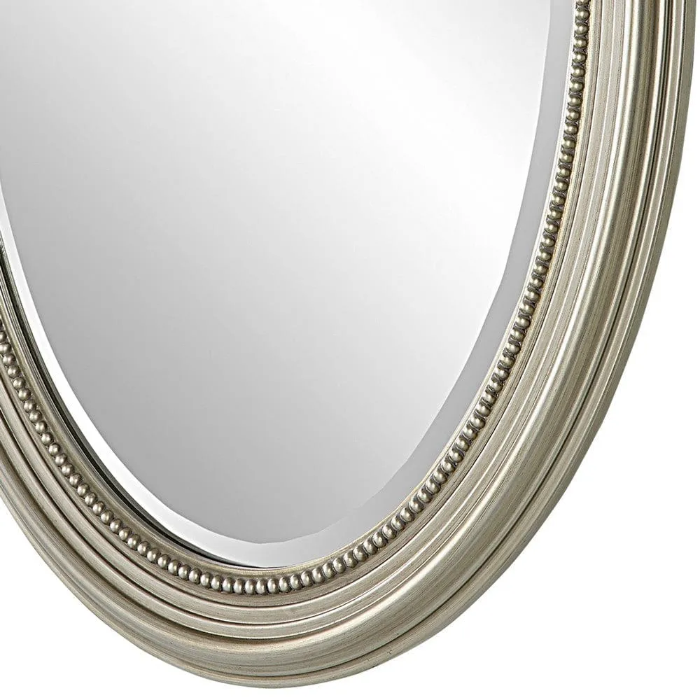 31 Inch Wall Mirror, Beaded Oval Shape, Metallic Silver By Casagear Home