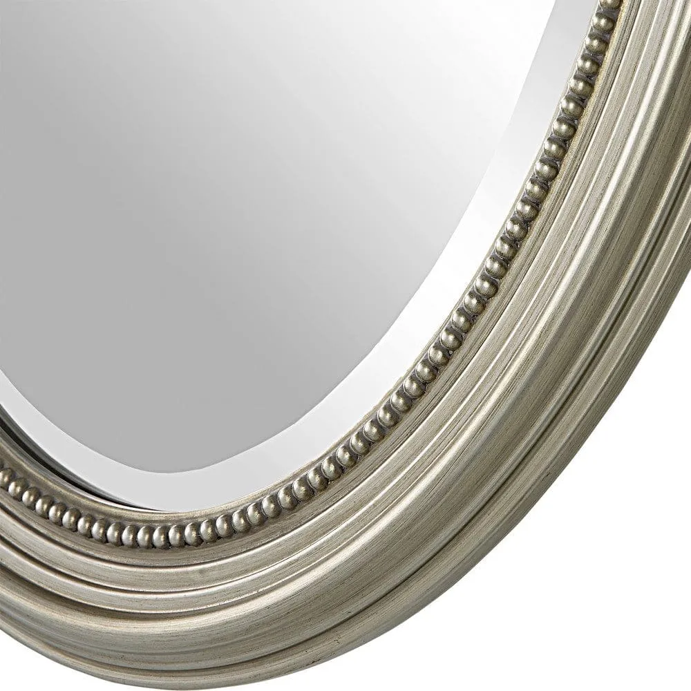 31 Inch Wall Mirror, Beaded Oval Shape, Metallic Silver By Casagear Home