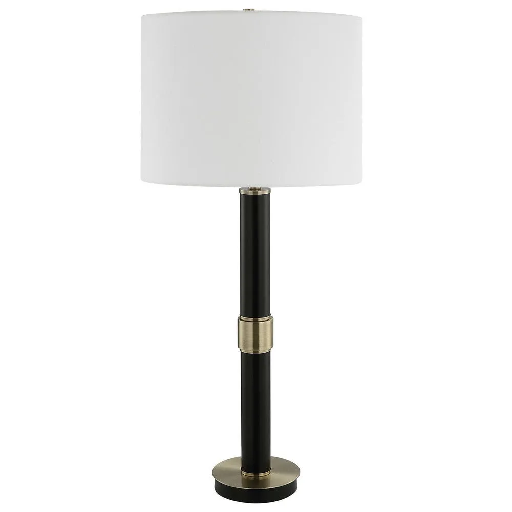 32 Inch Table Lamp, Slender Metal Body, White Drum Shade, Black, Gold By Casagear Home