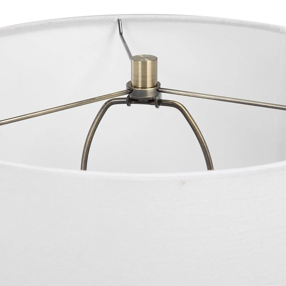 32 Inch Table Lamp, Slender Metal Body, White Drum Shade, Black, Gold By Casagear Home