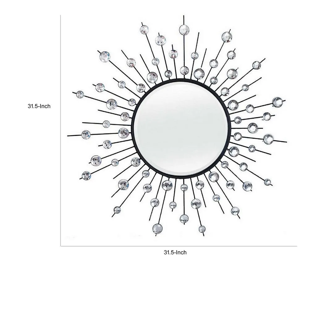 32 Inch Wall Decor, Round Mirror, Sunburst Style, Metal, Black, Silver By Casagear Home
