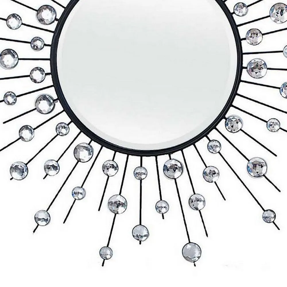 32 Inch Wall Decor, Round Mirror, Sunburst Style, Metal, Black, Silver By Casagear Home