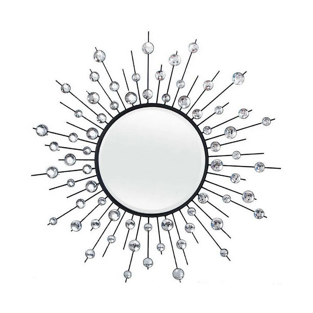 32 Inch Wall Decor, Round Mirror, Sunburst Style, Metal, Black, Silver By Casagear Home