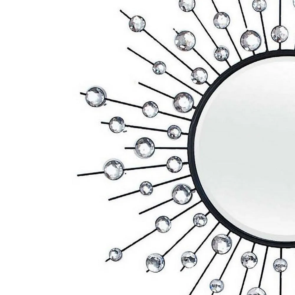 32 Inch Wall Decor, Round Mirror, Sunburst Style, Metal, Black, Silver By Casagear Home