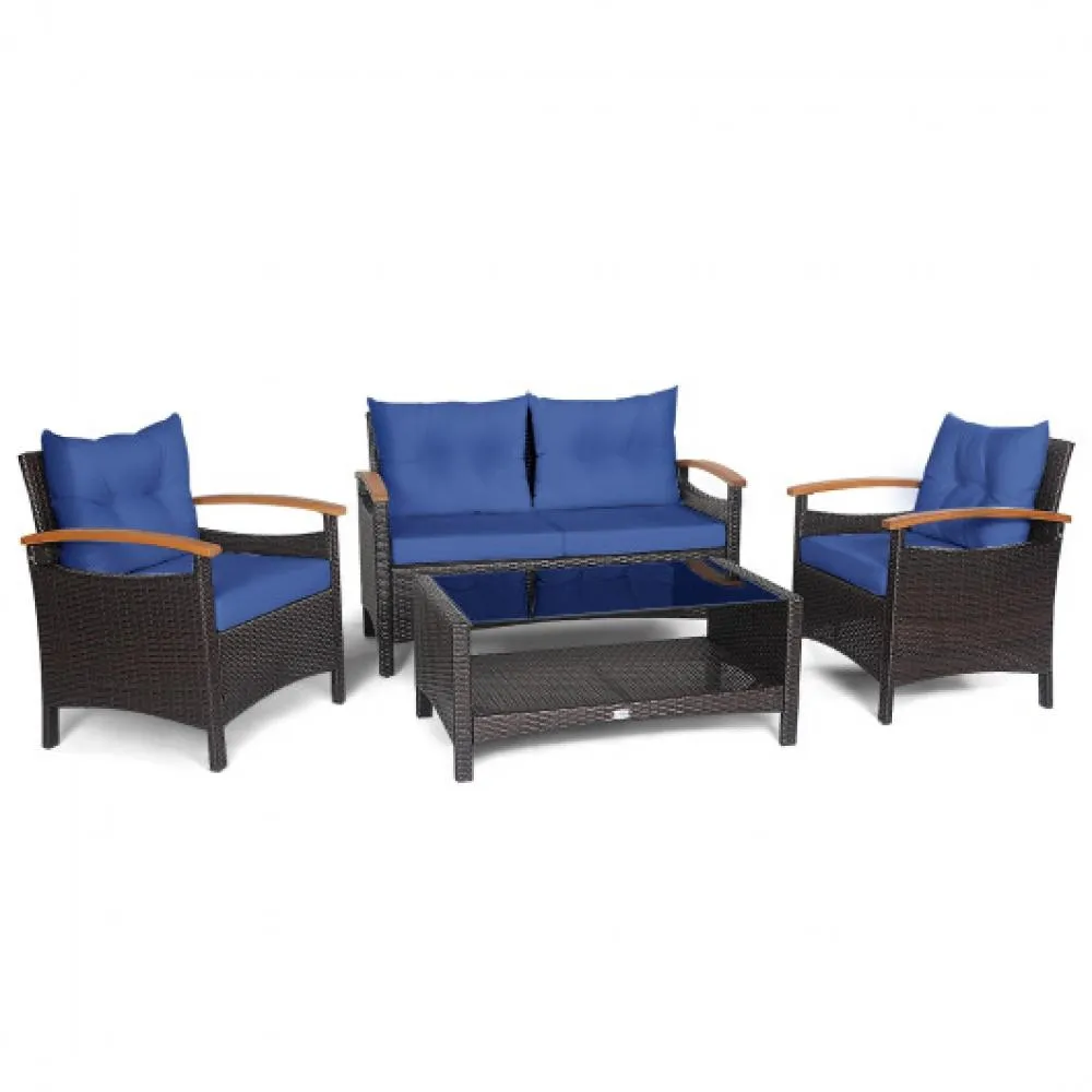 4 Pieces Patio Rattan Furniture Set with Cushioned Sofa and Storage Table-White