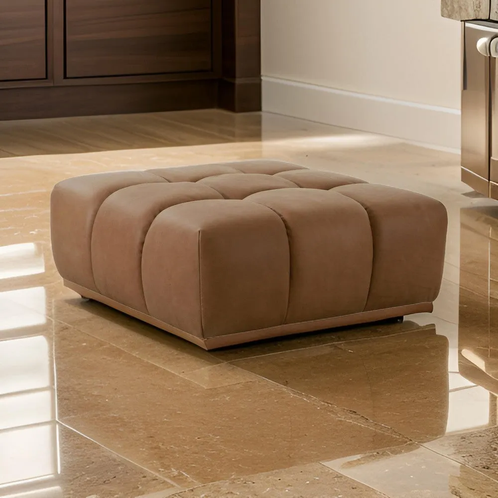 40 Inch Ottoman, Square Cushioned Tufted Seat, Brown Genuine Leather By Casagear Home