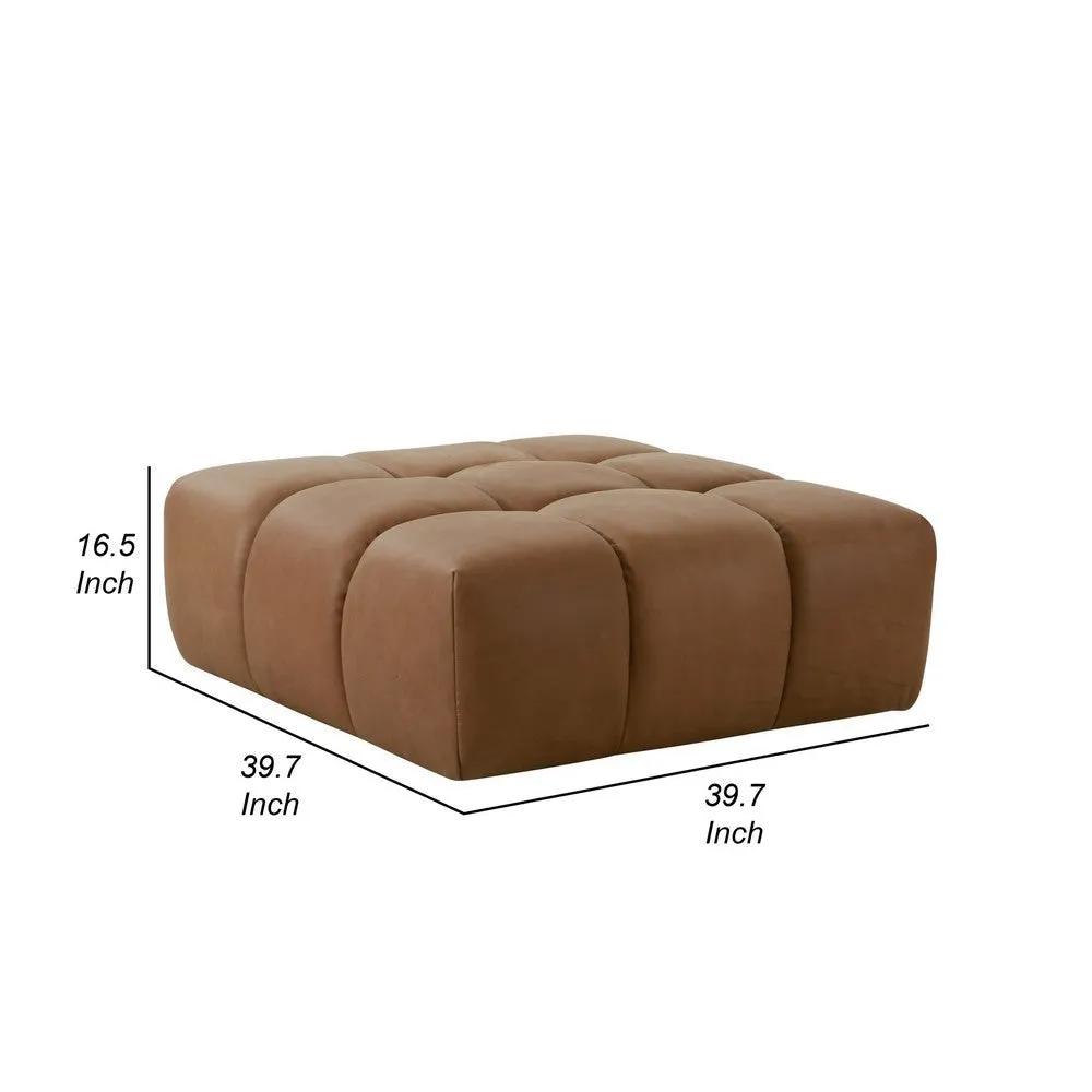 40 Inch Ottoman, Square Cushioned Tufted Seat, Brown Genuine Leather By Casagear Home