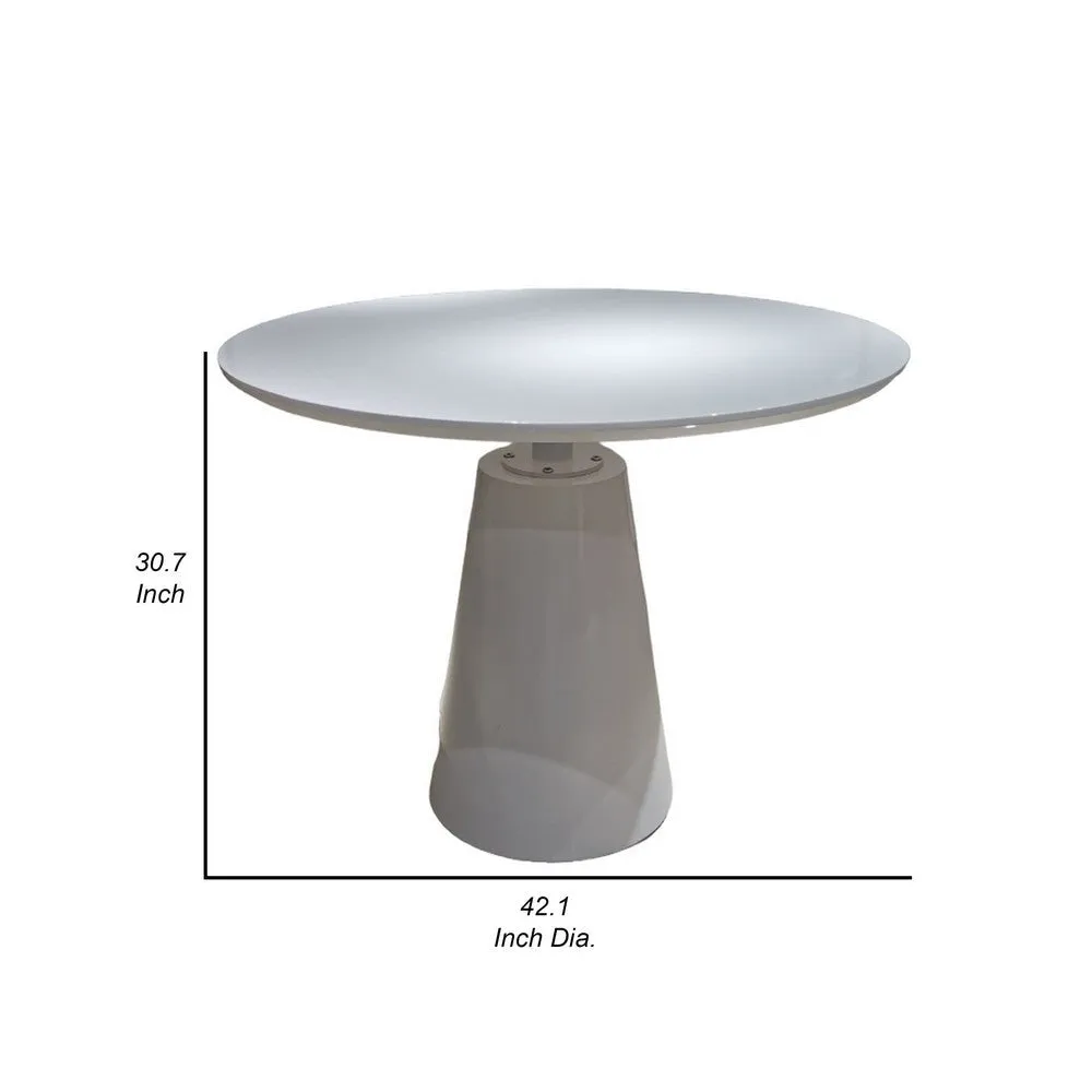 42 Inch Dining Table, Lacquer Round Tabletop, Pedestal Metal Base, White By Casagear Home