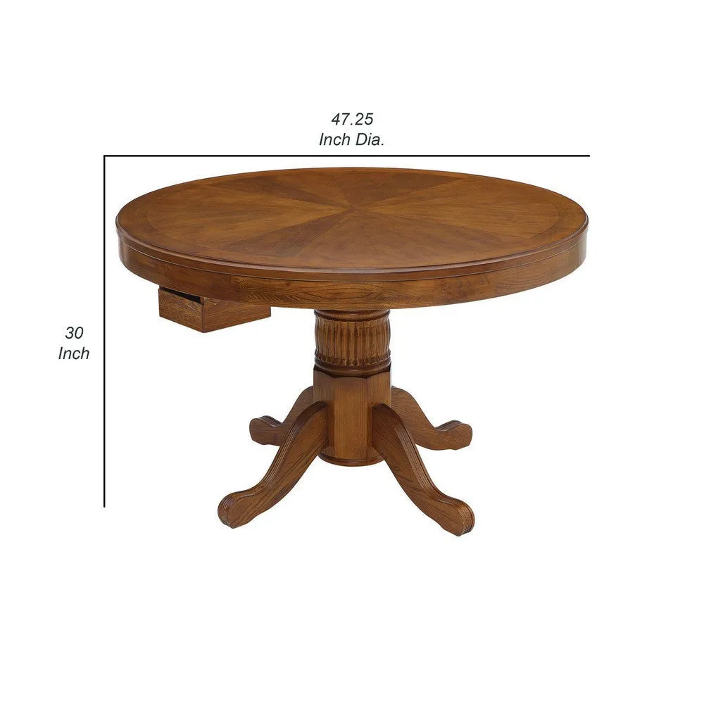 47 Inch Round Poker, Game, Dining Table, Cup Holders, Chip Trays, Oak Brown By Casagear Home