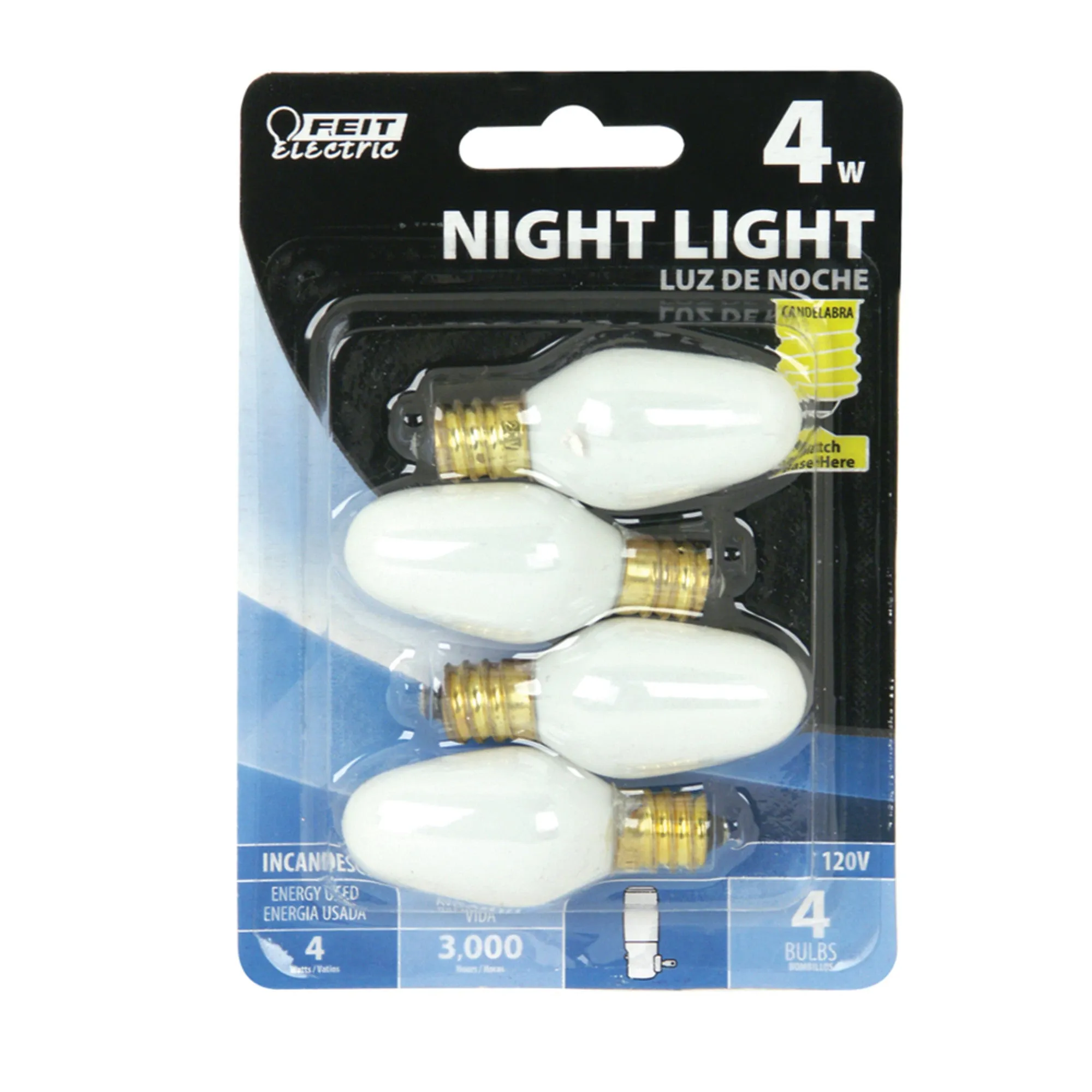 4W Soft White (2700K) C7 Shape E12 Candelabra Base White Incandescent Dimmable Night Light (4-Pack)