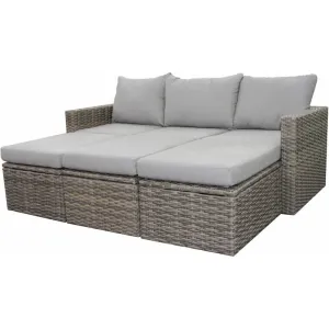 5 pc. Teak and Wicker Sectional Group with 3 Ottomans