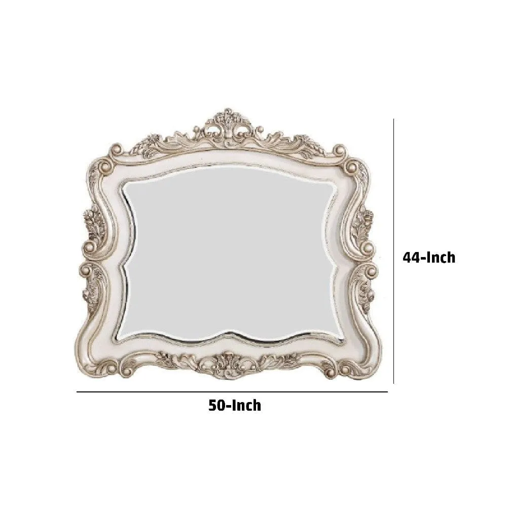 50 Inch Solid Wood Mirror, Scalloped, Scroll Ornate Trim, Antique White By Casagear Home