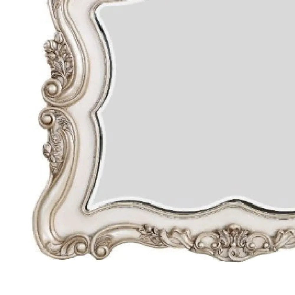 50 Inch Solid Wood Mirror, Scalloped, Scroll Ornate Trim, Antique White By Casagear Home