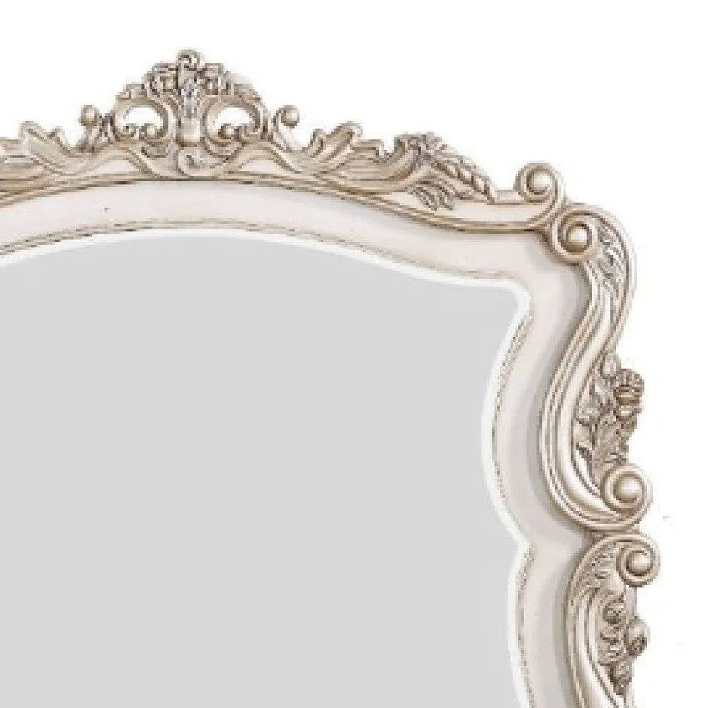 50 Inch Solid Wood Mirror, Scalloped, Scroll Ornate Trim, Antique White By Casagear Home