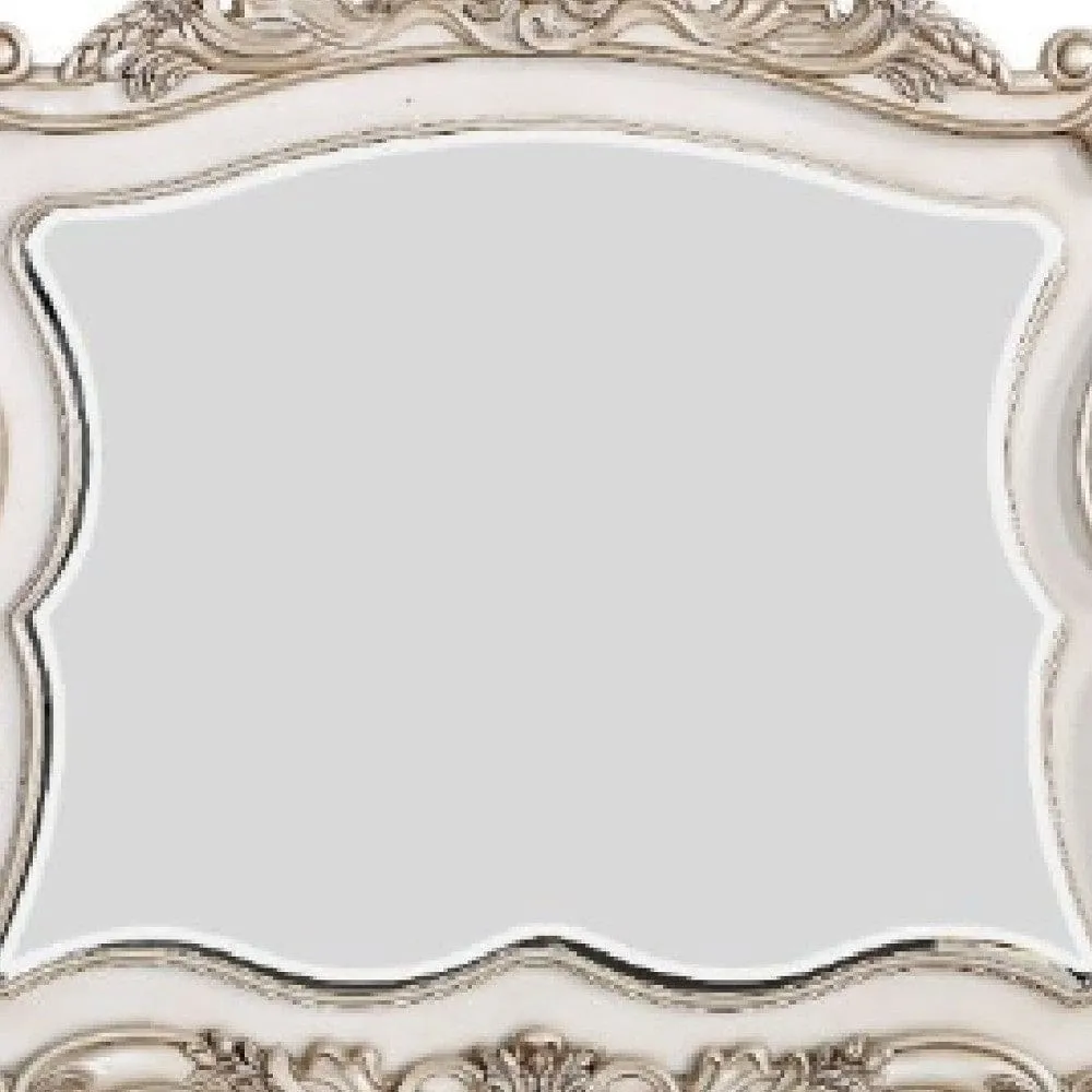 50 Inch Solid Wood Mirror, Scalloped, Scroll Ornate Trim, Antique White By Casagear Home