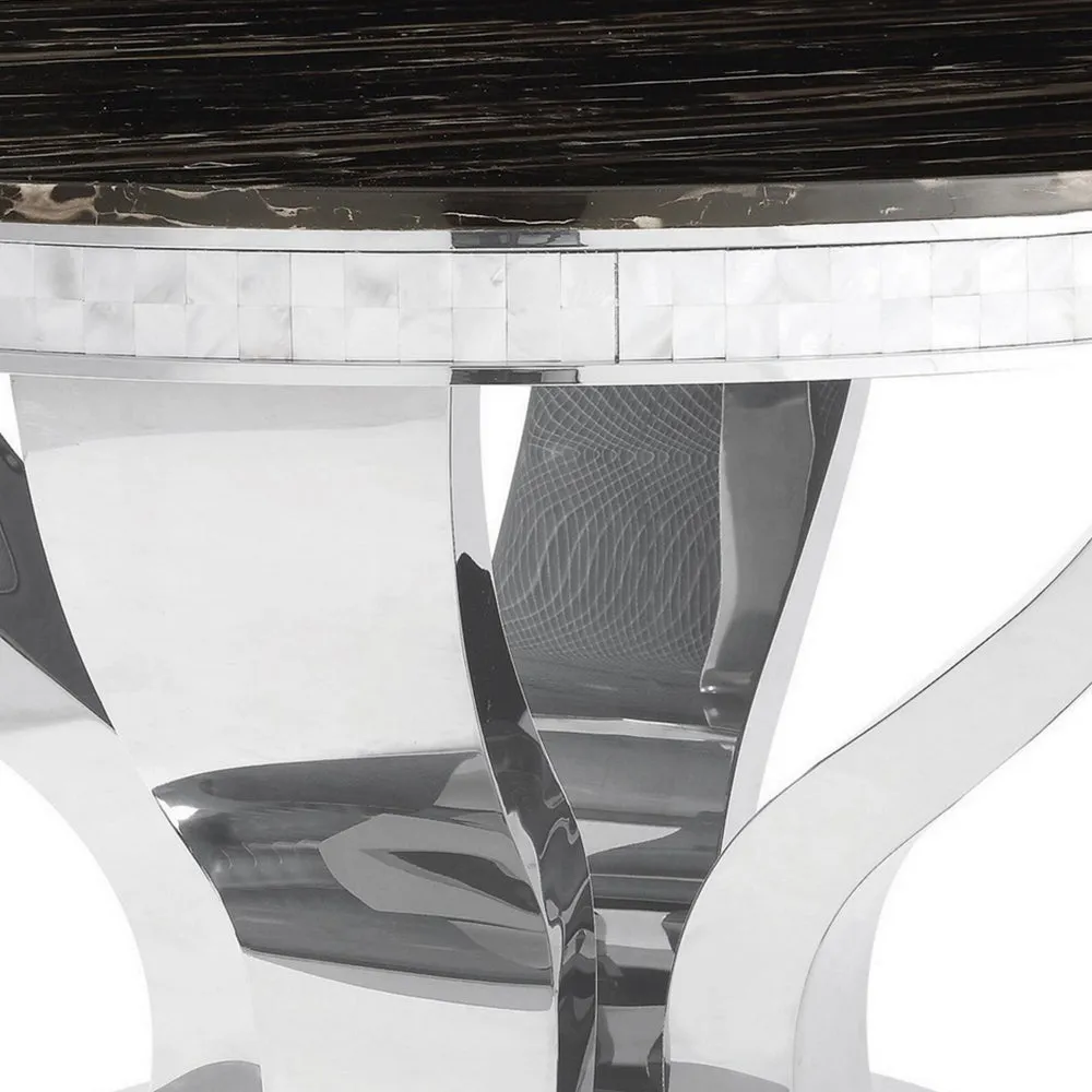51 Inch Round Dining Table, Marble Top, Glass Tiles on Edge, Chrome Base By Casagear Home