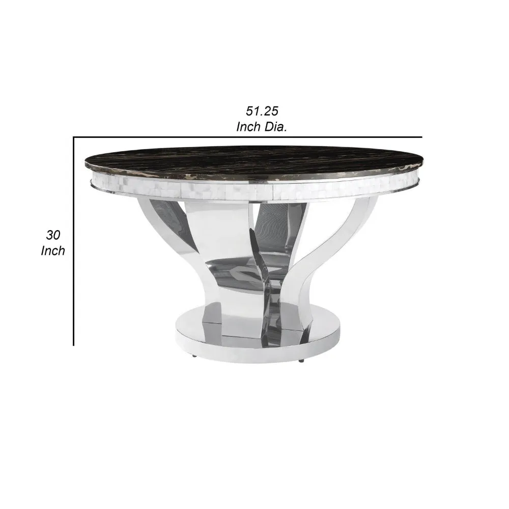 51 Inch Round Dining Table, Marble Top, Glass Tiles on Edge, Chrome Base By Casagear Home
