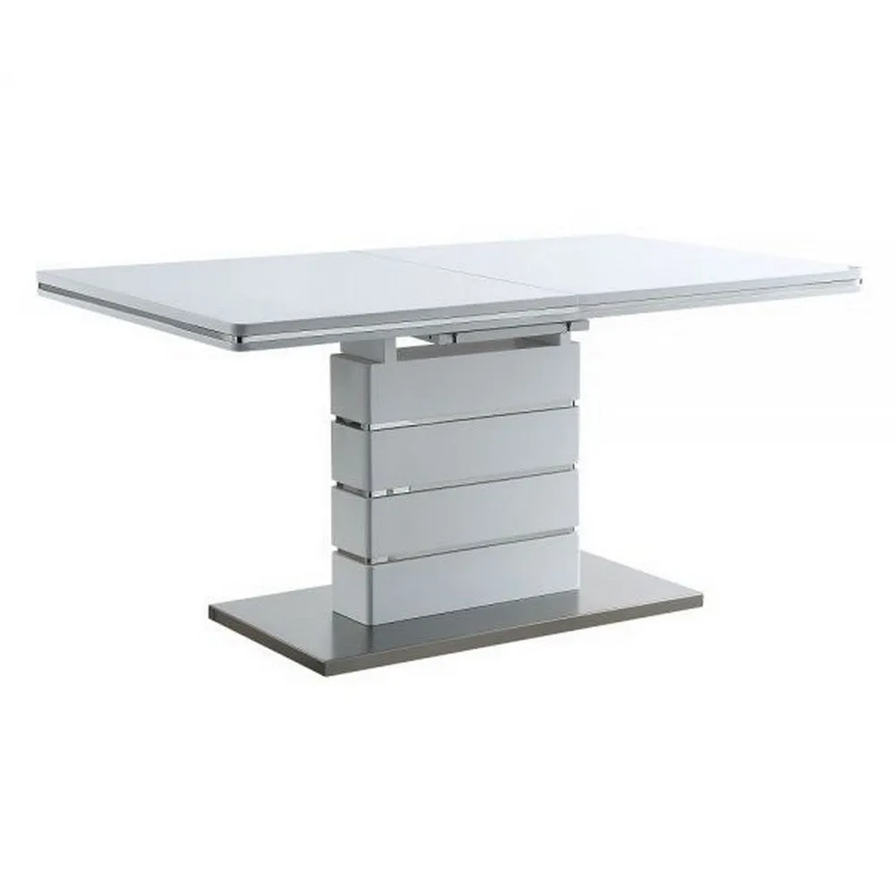 63-79 Inch Dining Table, Butterfly Extension Leaf, Chrome Trim, MDF, White By Casagear Home