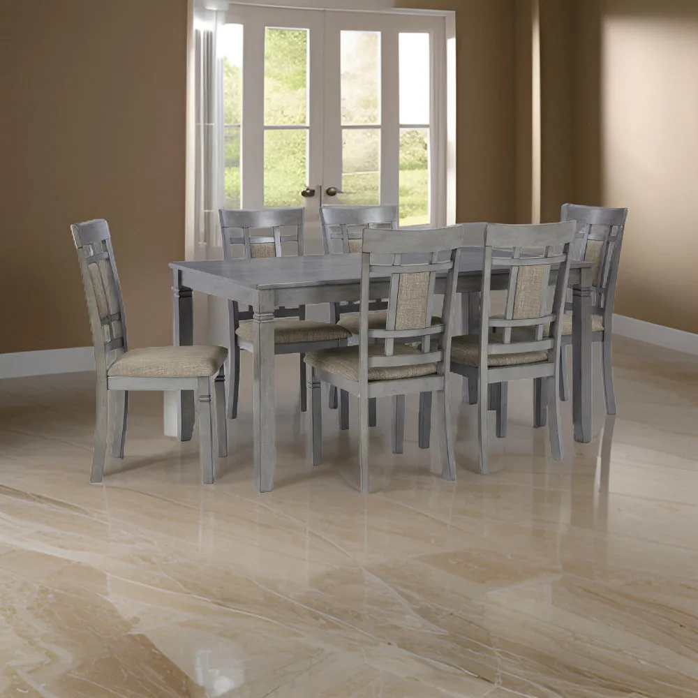 7 Piece Dining Table Set, Lattice Back Chairs, Light Gray Wood, Polyester By Casagear Home