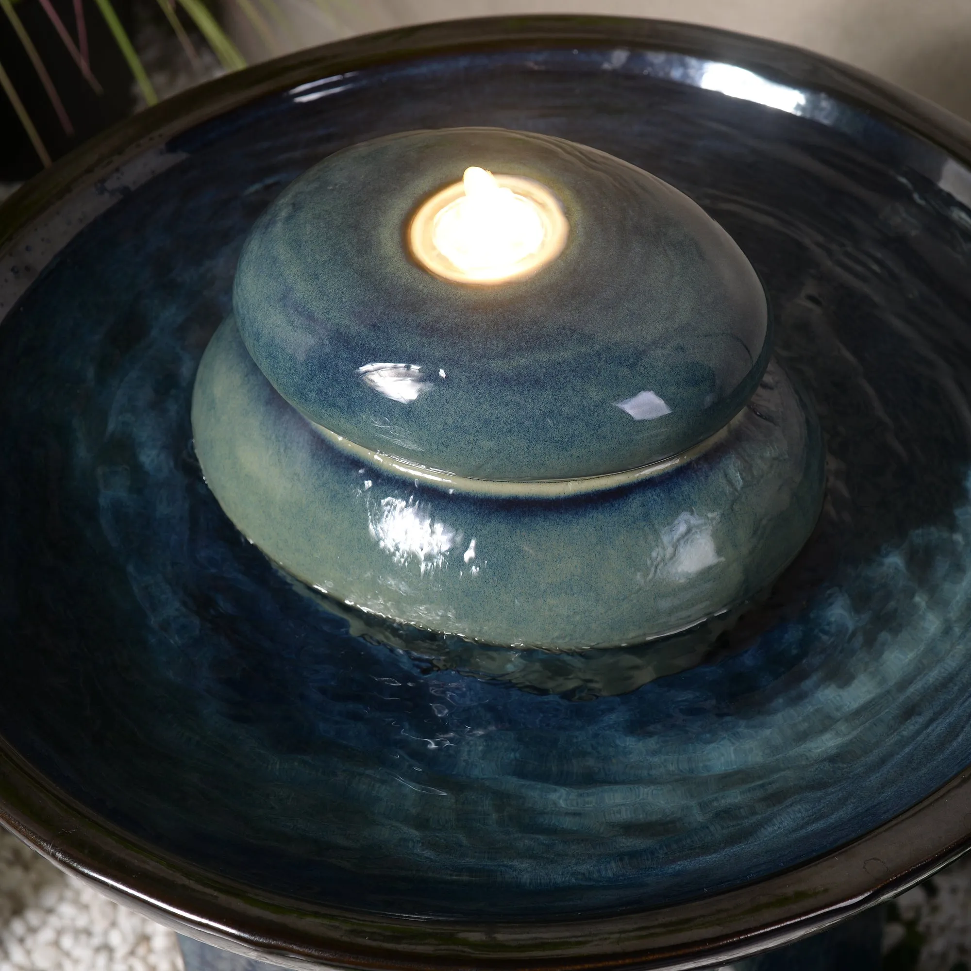 79586-02-BB -  Blue Ceramic Fountain with Submersible Pump and Warm White LED Lights