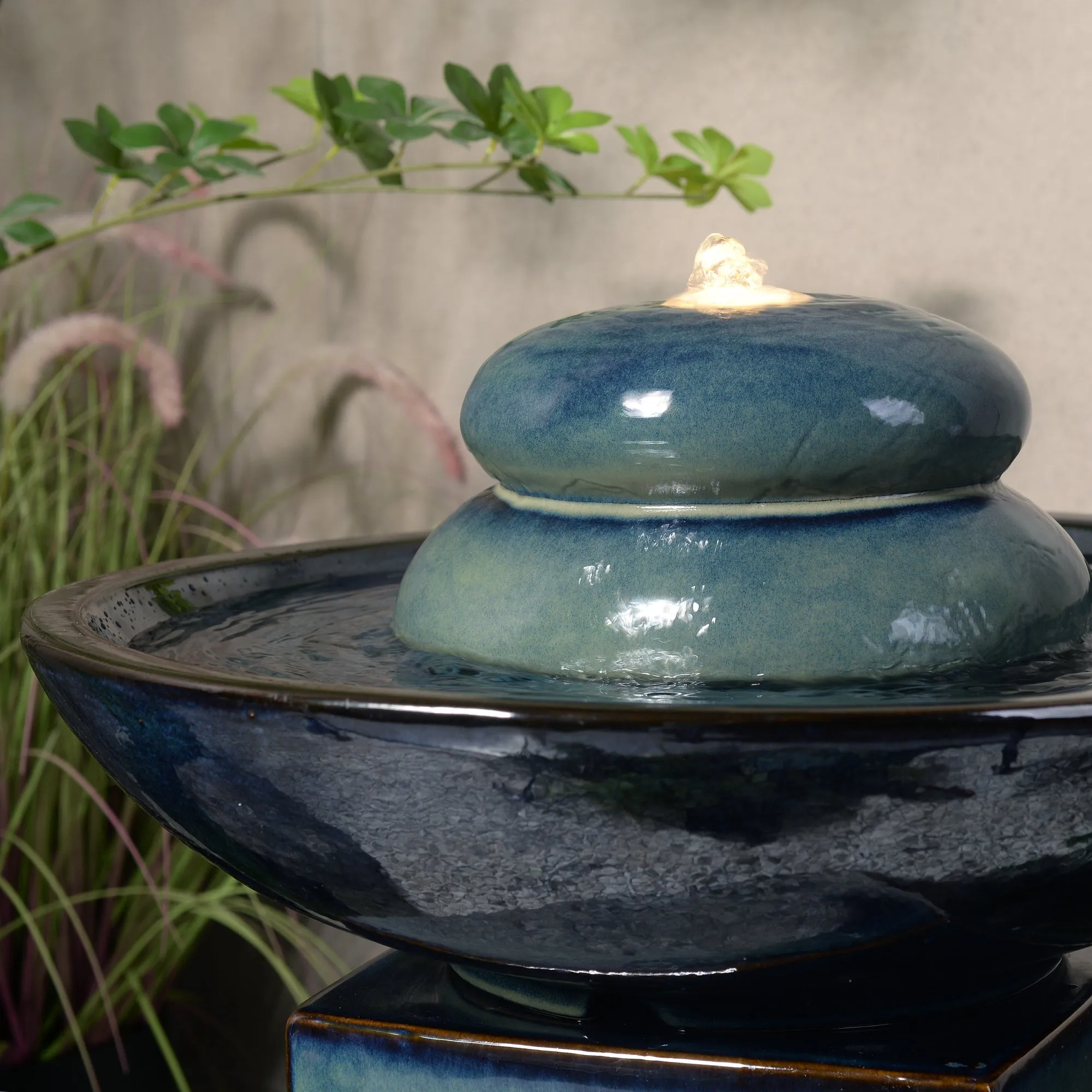 79586-02-BB -  Blue Ceramic Fountain with Submersible Pump and Warm White LED Lights