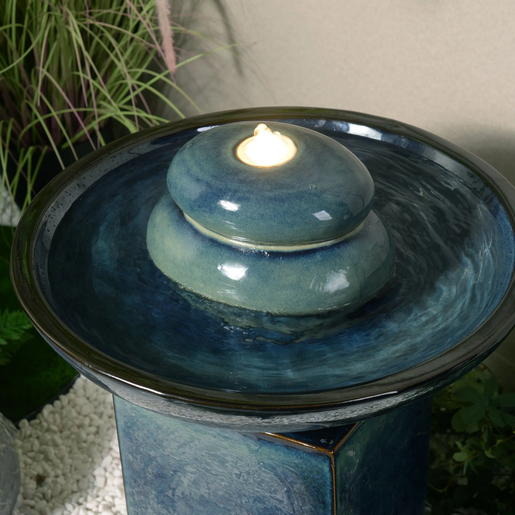 79586-02-BB -  Blue Ceramic Fountain with Submersible Pump and Warm White LED Lights