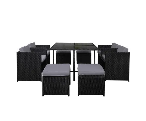 9 Piece Wicker Outdoor Dining Set - Black & Grey