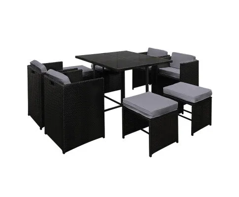 9 Piece Wicker Outdoor Dining Set - Black & Grey
