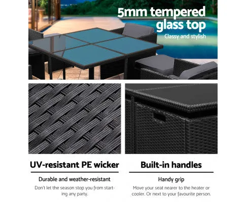 9 Piece Wicker Outdoor Dining Set - Black & Grey
